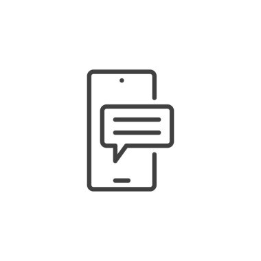 Mobil sohbet hattı simgesi. Mobil konsept ve web tasarımı için telefon ve konuşma balonu doğrusal işareti. Akıllı telefon mesajı ana hatlı vektör simgesi. Sembol, logo çizimi. Vektör grafikleri