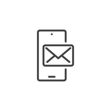 Mobil E- posta hattı simgesi. Mobil konsept ve web tasarımı için akıllı telefon ve zarf stili işareti. Telefon mesajı ana hatlı vektör simgesi. Sembol, logo çizimi. Vektör grafikleri
