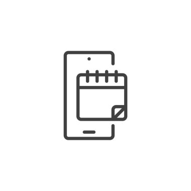 Mobil Takvim çizelgesi simgesi. Mobil konsept ve web tasarımı için doğrusal biçim işareti. Akıllı telefon ve takvim taslak vektör simgesi. Sembol, logo çizimi. Vektör grafikleri