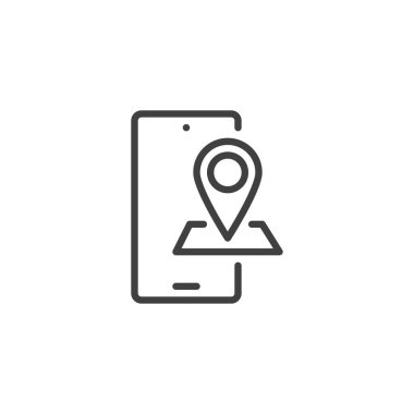 Mobil Harita çizgi simgesi. Mobil konsept ve web tasarımı için doğrusal biçim işareti. Akıllı telefon navigasyon sistemi vektör simgesini belirler. Sembol, logo çizimi. Vektör grafikleri