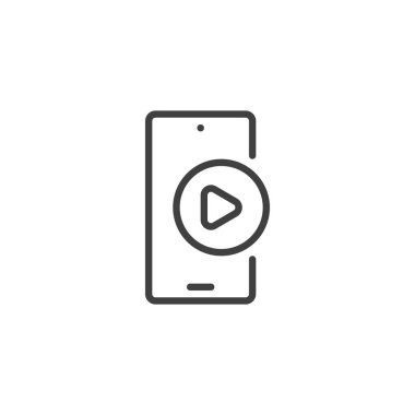 Mobil Video hattı simgesi. Mobil konsept ve web tasarımı için doğrusal biçim işareti. Akıllı telefon ve ana hatlı vektör simgesini oynat. Sembol, logo çizimi. Vektör grafikleri