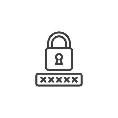 Şifre Güvenlik Hattı simgesi. Mobil konsept ve web tasarımı için doğrusal biçim işareti. Parola kodu ve ana vektör simgesini kilitle. Sembol, logo çizimi. Vektör grafikleri