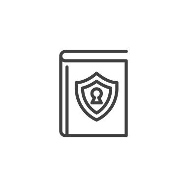 Siber Güvenlik Farkındalık Kitabı çizgi simgesi. Mobil konsept ve web tasarımı için doğrusal biçim işareti. Kalkan çizgisi vektör simgesiyle kitap. Sembol, logo çizimi. Vektör grafikleri