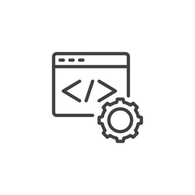 Kodlama veya programlama çizgisi simgesi. Mobil konsept ve web tasarımı için doğrusal biçim işareti. Web Geliştirme ana hatları vektör simgesi. Sembol, logo çizimi. Vektör grafikleri