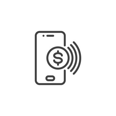 Mobil Ödeme Hattı simgesi. Mobil konsept ve web tasarımı için doğrusal biçim işareti. Akıllı telefon ve dolar para ana hatları vektör simgesi. Çevrimiçi ödeme sembolü, logo çizimi. Vektör grafikleri