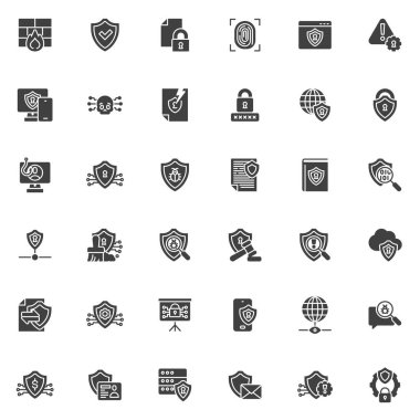 Siber güvenlik vektör simgeleri seti, modern katı sembol koleksiyonu, doldurulmuş biçim piktogram paketi. İşaretler, logo illüstrasyonu. Set, Firewall, Antivirüs Yazılımı, Şifreleme, Güvenli Tarayıcı olarak simgeleri içerir