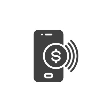 Mobil Ödeme vektör simgesi. Mobil konsept ve web tasarımı için düz tabela. Akıllı telefon ve bozuk para sembol simgesi. Çevrimiçi ödeme sembolü, logo çizimi. Vektör grafikleri