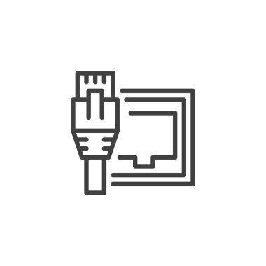 Ağ Kablosu ve Soket çizgi simgesi. Mobil konsept ve web tasarımı için LAN port doğrusal işareti. Ethernet bağlantı çizgisi vektör simgesi. Sembol, logo çizimi. Vektör grafikleri