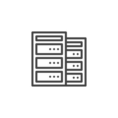 Veri Merkezi çizgi simgesi. Mobil konsept ve web tasarımı için doğrusal biçim işareti. Veritabanı, ağ sunucusu ana hatları vektör simgesi. Sembol, logo çizimi. Vektör grafikleri
