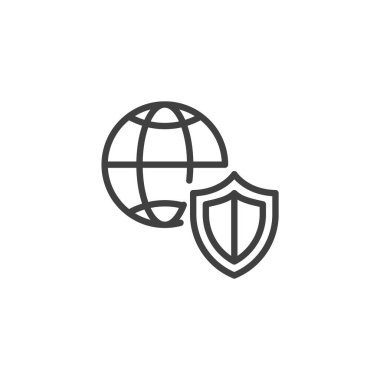 Ağ Güvenliği çizgi simgesi. Mobil konsept ve web tasarımı için küresel ve kalkan doğrusal işareti. İnternet koruma ana hatları vektör simgesi. Sembol, logo çizimi. Vektör grafikleri