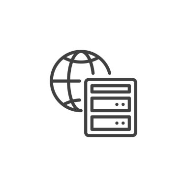 DNS sunucu satırı simgesi. Mobil konsept ve web tasarımı için doğrusal biçim işareti. Web Ev Sahipliği taslak vektör simgesi. Sembol, logo çizimi. Vektör grafikleri