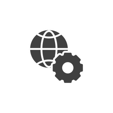 Ağ Yapılandırma Vektör simgesi. Mobil konsept ve web tasarımı için düz tabela. Küre ve vites simgesi. Sembol, logo çizimi. Vektör grafikleri