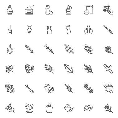 Baharat ve şifalı bitkiler çizgisi simgeleri hazır. Doğrusal biçim sembolleri koleksiyonu, ana tabela işaretleri paketi. Bitki ve Baharat vektör grafikleri pişiriyorum. Tuz, biber çeşnisi, ketçap, köri tozu gibi simgeler içerir