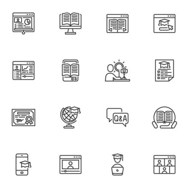 E-öğrenme, çevrimiçi eğitim çizgisi simgeleri seti, ana hatlı vektör sembolü koleksiyonu, doğrusal resim paketi. İşaretler, logo illüstrasyonu. Uzak öğrenme ve çevrimiçi kitap okuma olarak simgeleri içerir