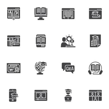 E-öğrenme vektör simgeleri seti, modern katı sembol koleksiyonu, doldurulmuş biçim piktogram paketi. İşaretler, logo illüstrasyonu. Çevrimiçi eğitim, uzaklık öğrenme, çevrimiçi kitap okuma gibi simgeleri içerir