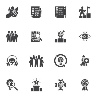 Üretkenlik ve verimlilik vektör simgeleri seti, modern katı sembol koleksiyonu, doldurulmuş biçim piktogram paketi. İşaretler, logo illüstrasyonu. Motivasyon, liderlik, takım çalışması, ödül madalyası olarak simgeler