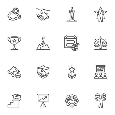 Başarı ve Motivasyon çizgisi simgeleri seti, ana hatlı vektör sembolü koleksiyonu, doğrusal biçim piktogram paketi. İşaretler, logo illüstrasyonu. Takım çalışması, ortaklık, başarı ve kariyer büyümesi olarak simgeleri içerir