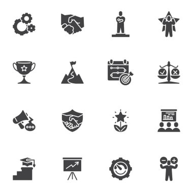 Başarı ve Motivasyon vektör simgeleri seti, modern katı sembol koleksiyonu, doldurulmuş biçim piktogram paketi. İşaretler, logo illüstrasyonu. Takım çalışması, ortaklık, başarı ve kariyer büyümesi olarak simgeleri içerir