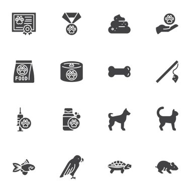 Evcil hayvan bakım vektör simgeleri seti, modern katı sembol koleksiyonu, doldurulmuş biçim piktogram paketi. İşaretler, logo illüstrasyonu. Sette köpek maması, hayvan, oyuncak, aşı, sertifika, kedi, köpek gibi ikonlar yer alıyor