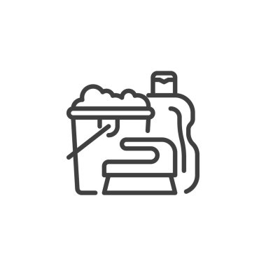 Temizlik malzemeleri ikonu. Mobil konsept ve web tasarımı için doğrusal biçim işareti. İçinde fırça ve deterjan şişesi olan kova vektör taslak ikonu. Sembol, logo çizimi. Vektör grafikleri