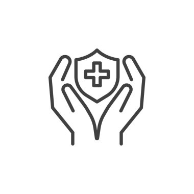 Halk Sağlığı çizgisi ikonu. Mobil konsept ve web tasarımı için doğrusal biçim işareti. Tıbbi kalkan ana hat vektör ikonu olan eller. Tıbbi sigorta sembolü, logo illüstrasyonu. Vektör grafikleri