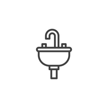 Musluk hattı simgesiyle lavabo. Mobil konsept ve web tasarımı için doğrusal biçim işareti. Birimin dış hatları vektör simgesini batır. Lavabo sembolü, logo çizimi. Vektör grafikleri