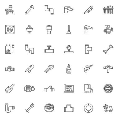 Tesisat hattı simgeleri ayarlandı. Doğrusal biçim sembolleri koleksiyonu, ana tabela işaretleri paketi. Tesisat vektör grafikleri. Plumber, Wrench, Pipe, Musluk, Su Basınç Göstergesi, Tuvalet, Lavabo