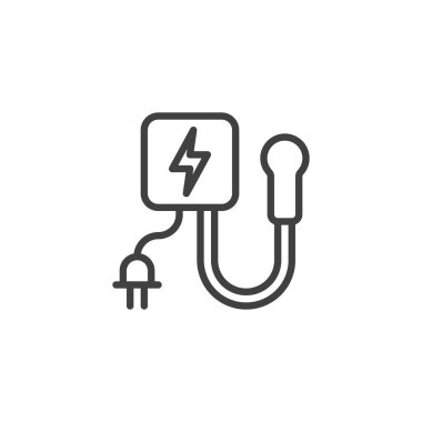 Elektrikli Araç Şarj Hattı simgesi. Mobil konsept ve web tasarımı için doğrusal biçim işareti. Elektrikli araç, istasyon ana hat vektör simgesini yüklüyor. Sembol, logo çizimi. Vektör grafikleri