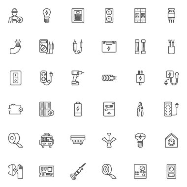 Elektrik servis hattı simgeleri ayarlandı. Doğrusal biçim sembolleri koleksiyonu, ana tabela işaretleri paketi. Elektrik vektör grafikleri. Ayar simgeleri Ampul, Elektrik prizi, Voltaj Testi, Çokmetre