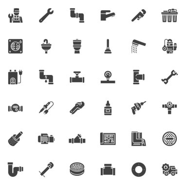 Tesisat servis vektör simgeleri seti, modern katı sembol koleksiyonu, doldurulmuş biçim piktogram paketi. Logo illüstrasyonu işaretleri. Set simgeleri: Plumber, Wrench, Pipe, Musluk, Su Basıncı Göstergesi, Lavabo