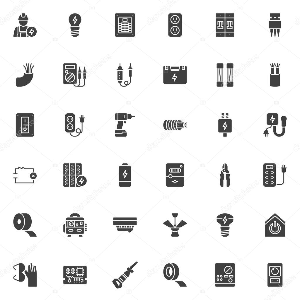 Electricity vector icons set, modern solid symbol collection, filled style pictogram pack. Signs, logo illustration. Set includes icons as Light Bulb, Electrical Outlet, Voltage Tester, Multimeter