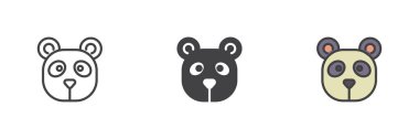 Panda farklı bir stil simgesi seti. Çizgi, kabartma ve doldurulmuş renkli versiyon, ana hatlar ve doldurulmuş vektör işareti. Sembol, logo çizimi. Vektör grafikleri