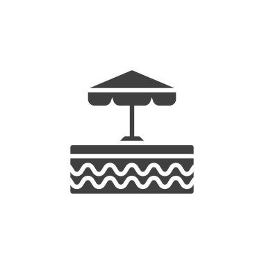 Yüzme havuzu ve şemsiye vektör ikonu. Mobil konsept ve web tasarımı için düz tabela. Havuz kenarındaki Şemsiye sembolü. Sembol, logo çizimi. Vektör grafikleri