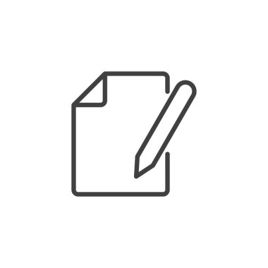 Kalem satırı simgesi içeren belge. Mobil konsept ve web tasarımı için doğrusal biçim işareti. Belge dosya özet vektör simgesini düzenle. Sembol yaz, logo illüstrasyonu. Vektör grafikleri