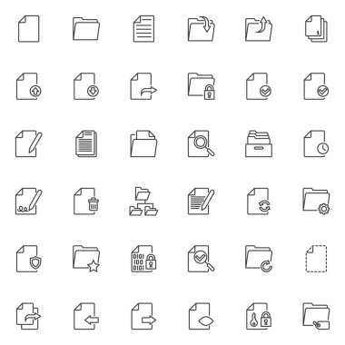 Dosyalar ve dizinler satır simgeleri ayarlandı. Doğrusal biçim sembolleri koleksiyonu, ana tabela işaretleri paketi. Belge dosyaları vektör grafikleri. Arşiv dizini indirmesi olarak simgeleri, işaretli belgeyi ayarla,