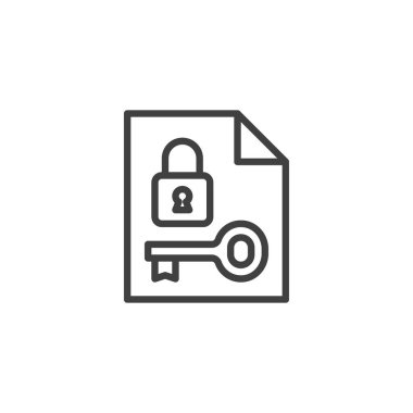 Parola Politikası çizgi simgesi. Mobil konsept ve web tasarımı için doğrusal biçim işareti. Anahtar içeren belge ve ana vektör simgesini kilitle. Sembol, logo çizimi. Vektör grafikleri