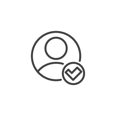 Doğrulanmış Kullanıcı satırı simgesi. Mobil konsept ve web tasarımı için doğrusal biçim işareti. Kontrol işaretli vektör simgesine sahip kullanıcı profili. Sembol, logo çizimi. Vektör grafikleri