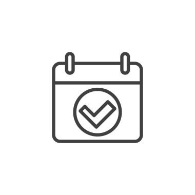 Onaylanmış atama satırı simgesi. Mobil konsept ve web tasarımı için doğrusal biçim işareti. Bir kontrol işareti çizgisi vektör simgesine sahip bir takvim. Sembol, logo çizimi. Vektör grafikleri
