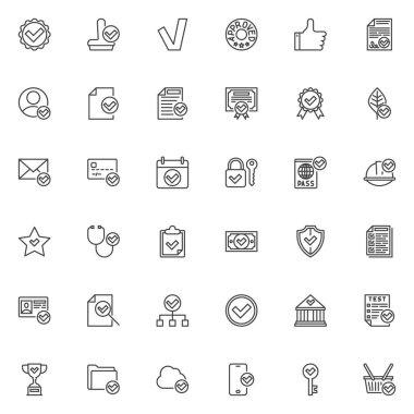 Doğrulama çizgisi simgeleri ayarlandı. Doğrusal biçim sembolleri koleksiyonu, ana tabela işaretleri paketi. Doğrulama vektör grafikleri. Ayarlar onay damgası, onay işareti, onaylama, onaylanmış mühür, onaylanmış mühür olarak simgeleri içerir