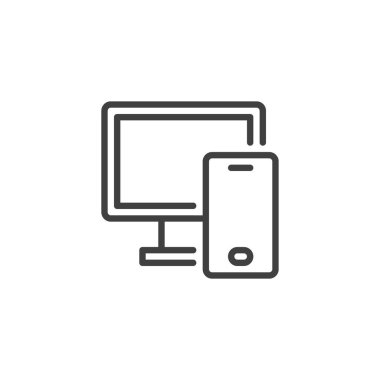 İki çarpanlı kimlik doğrulama çizgisi simgesi. Mobil konsept ve web tasarımı için doğrusal biçim işareti. Akıllı telefon ve bir bilgisayar ekranı ana hat vektör simgesi. Sembol, logo çizimi. Vektör grafikleri