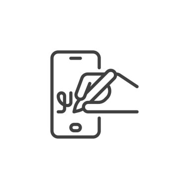 Dijital İmza Çizgisi simgesi. Mobil konsept ve web tasarımı için doğrusal biçim işareti. Dijital kalem hatlı vektör ikonu ile akıllı telefon ekranında el imzası. Sembol, logo çizimi. Vektör grafikleri