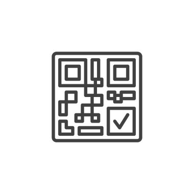 QR Kod Doğrulama Satırı simgesi. Mobil konsept ve web tasarımı için doğrusal biçim işareti. Kontrol işaretli vektör simgesi içeren QR kodu. Sembol, logo çizimi. Vektör grafikleri