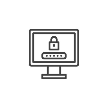 Güvenli erişim satırı simgesi. Mobil konsept ve web tasarımı için doğrusal biçim işareti. Kilitli bir bilgisayar ekranı ve bir parola ana hatlı vektör simgesi. Sembol, logo çizimi. Vektör grafikleri