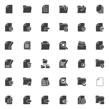 Dosyalar ve dizin vektör simgeleri seti, modern katı sembol koleksiyonu, doldurulmuş biçim piktogram paketi. İşaretler, logo illüstrasyonu. Simgeleri olduğu gibi ayarla
