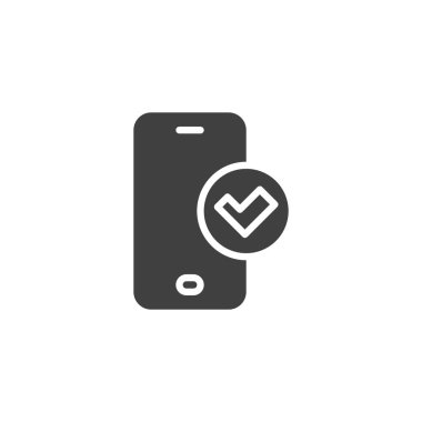 Kontrol işareti vektör simgesi olan akıllı telefon. Mobil konsept ve web tasarımı için düz tabela. Doğrulanmış telefon sembolü. Sembol, logo çizimi. Vektör grafikleri