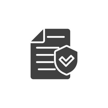 Bir kalkan ve işaretli vektör simgesi olan belge. Mobil konsept ve web tasarımı için düz tabela. Doğrulama simgesini güvene al. Sembol, logo çizimi. Vektör grafikleri