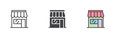 Dükkan farklı stil simgesi seti. Çizgi, kabartma ve doldurulmuş renkli versiyon, ana hatlar ve doldurulmuş vektör işareti. Perakende pazarı sembolü, logo çizimi. Vektör grafikleri