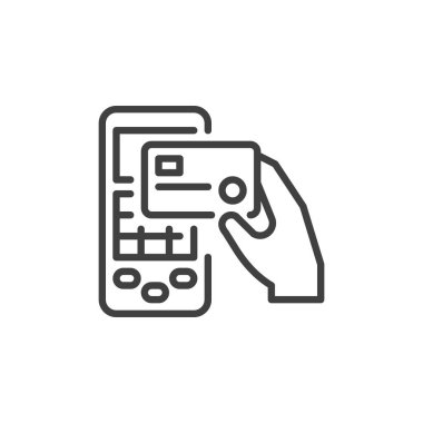 Ödeme kapısı çizgisi simgesi. Mobil konsept ve web tasarımı için doğrusal biçim işareti. Kredi kartı ödeme terminali vektör simgesinden geçiriliyor. Sembol, logo çizimi. Vektör grafikleri