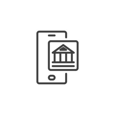 Mobil Bankacılık Uygulama Hattı simgesi. Mobil konsept ve web tasarımı için doğrusal biçim işareti. Banka ana hatları vektör simgesi olan akıllı telefon ekranı. Sembol, logo çizimi. Vektör grafikleri