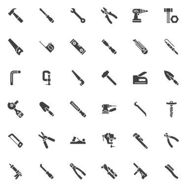Araç vektör simgeleri seti, modern katı sembol koleksiyonu, doldurulmuş biçim piktogram paketi. İşaretler, logo illüstrasyonu. Set simgeleri matkap, çekiç, tornavida, cetvel, testere, macun bıçağı, dosya, anahtar olarak içerir